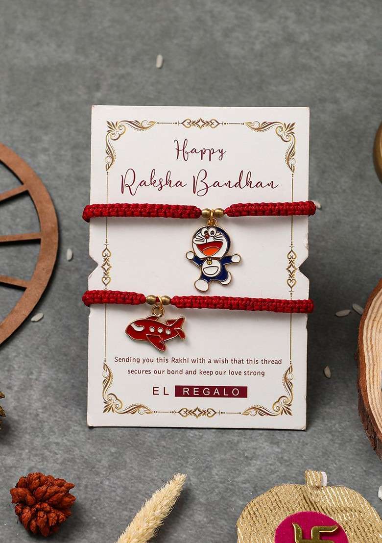 Kids Set Of 2 Charm Detail Rakhis With Roli And Chawal - Indya