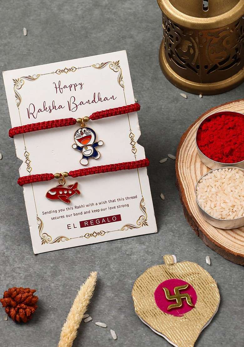 Kids Set Of 2 Charm Detail Rakhis With Roli And Chawal - Indya