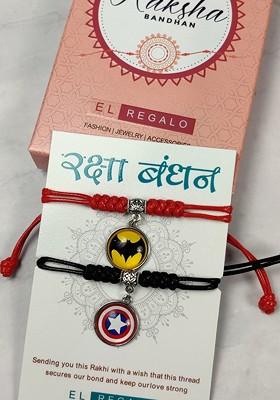 Kids Set Of 2 Batman And Captain America Charm Detail Rakhis With Roli And Chawal