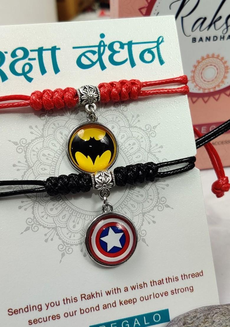 Kids Set Of 2 Batman And Captain America Charm Detail Rakhis With Roli And Chawal - Indya