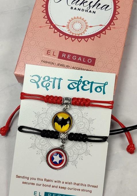 Kids Set Of 2 Batman And Captain America Charm Detail Rakhis With Roli And Chawal
