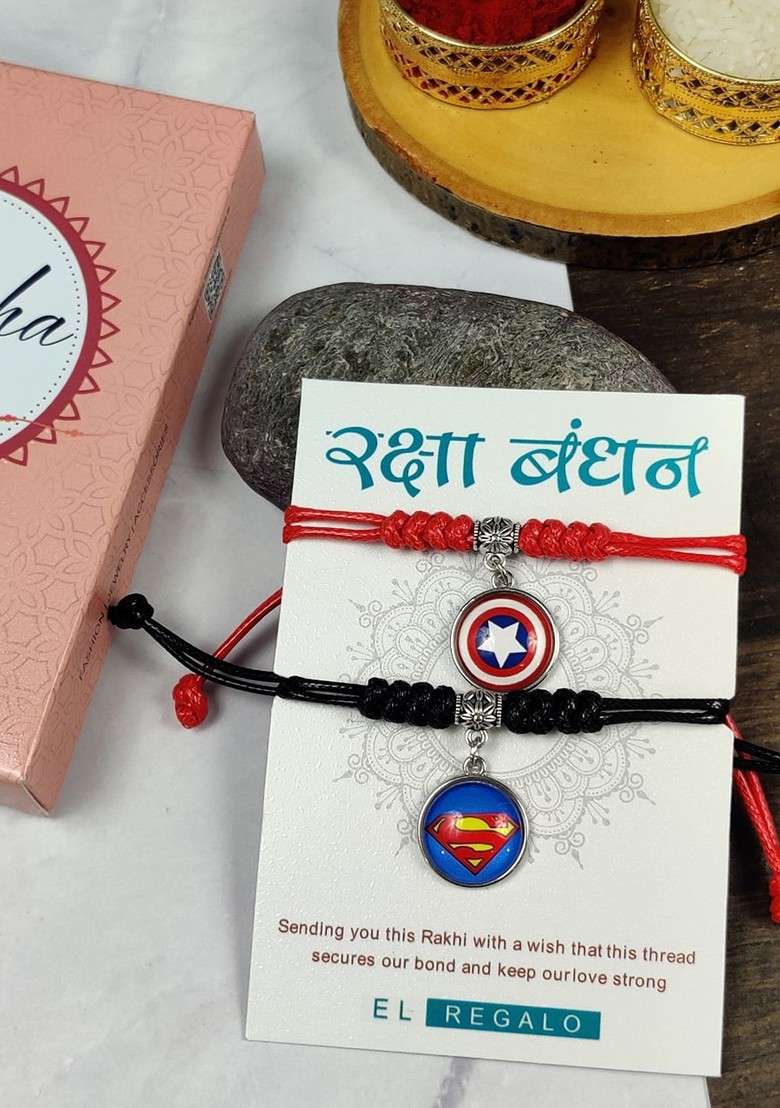 Kids Set Of 2 Charm Detail Rakhis With Roli And Chawal - Indya