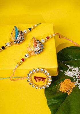 Set Of 2 Gold Plated Kundan Studded Thread Rakhis
