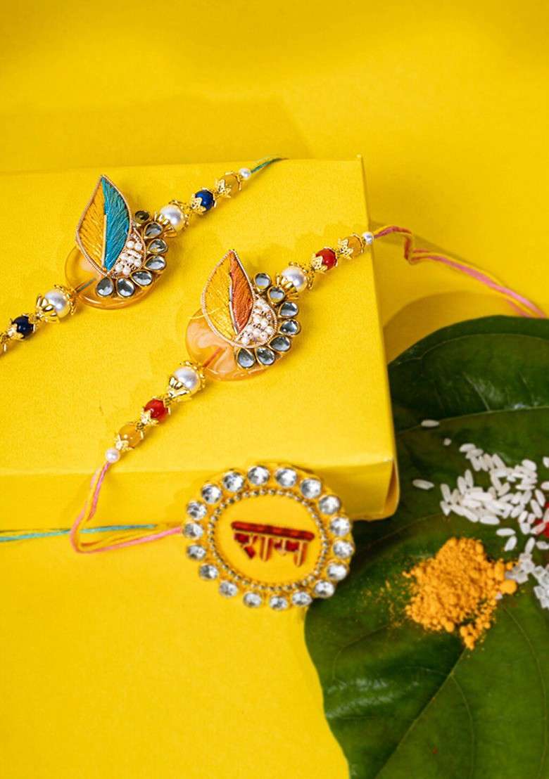 Set Of 2 Gold Plated Kundan Studded Thread Rakhis - Indya