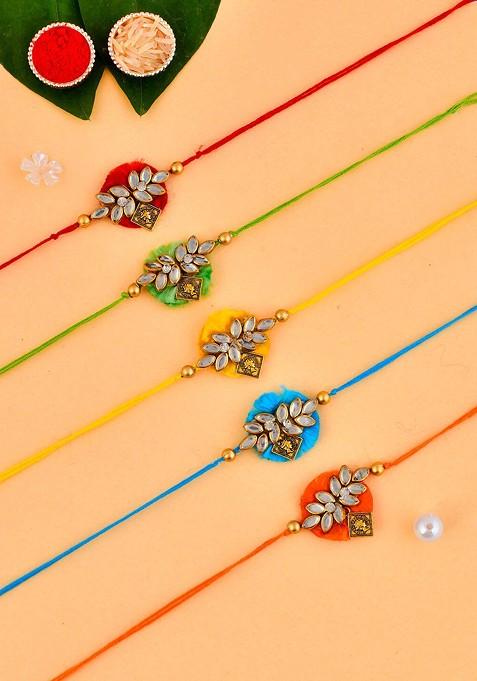 Set Of 5 Kundan Studded And Leaf Patterned Rakhis