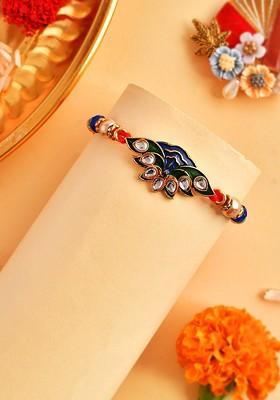Kundan Studded Peacock Charm Rakhi With Tilak Pack And Greeting Card
