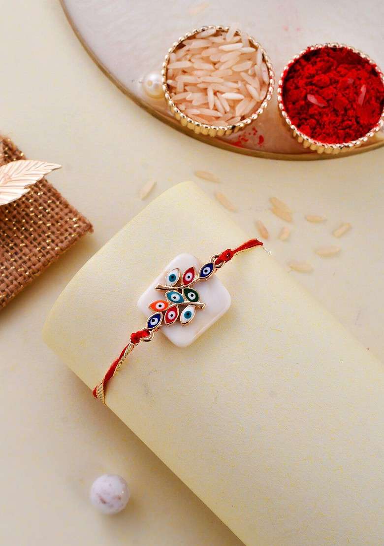 Unisex Evil Eye Charm Rakhi With Roli Chawal And Greeting Card - Indya