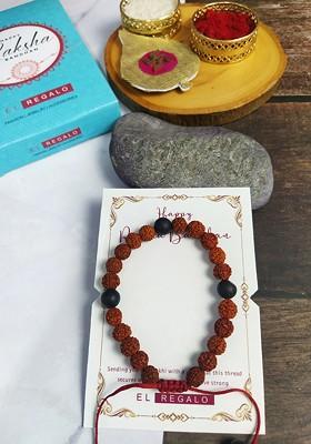 Men Rudraksha Beaded Rakhi With Roli Chawal And Greeting Card
