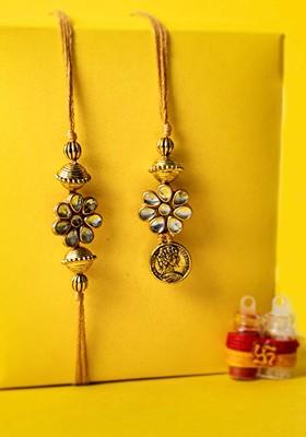 Set Of 2 Gold Plated Stone Studded Rakhis With Roli Chawal
