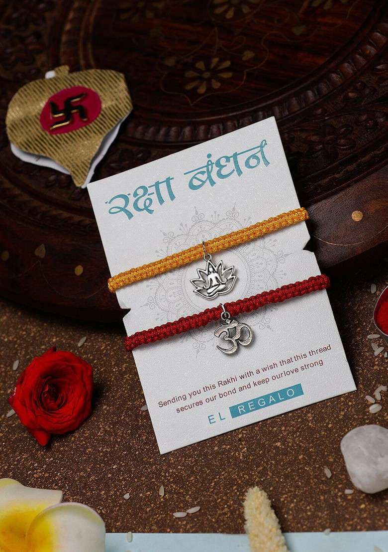 Bhaiya Bhabhi Set Of 2 Charm Wraparound Rakhi Combo With Roli And Chawal And And Card - Indya