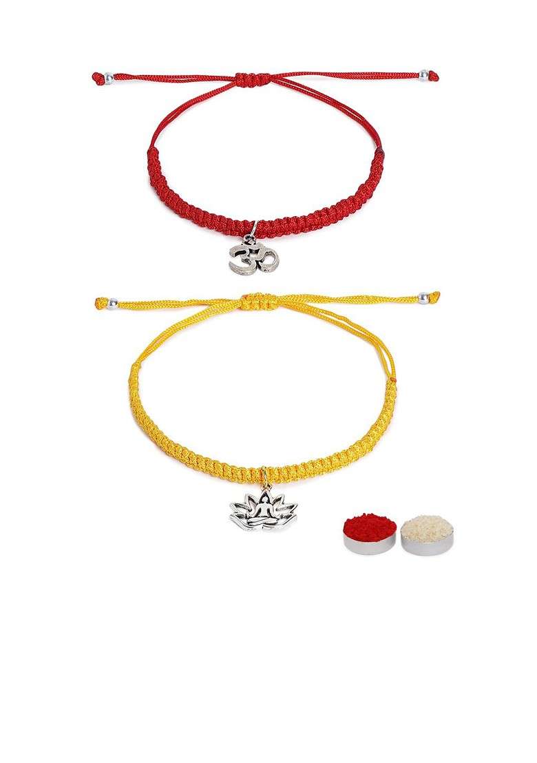 Bhaiya Bhabhi Set Of 2 Charm Wraparound Rakhi Combo With Roli And Chawal And And Card - Indya
