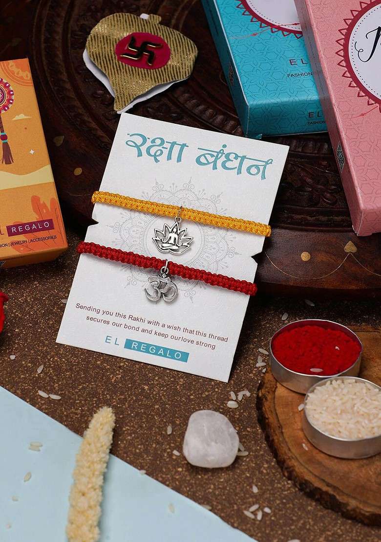 Bhaiya Bhabhi Set Of 2 Charm Wraparound Rakhi Combo With Roli And Chawal And And Card - Indya
