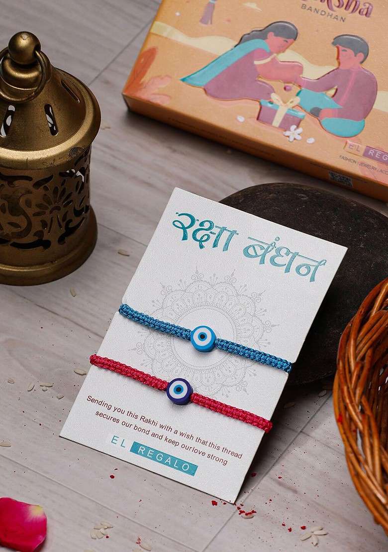 Bhaiya Bhabhi Set Of 2 Evil Eye Wraparound Rakhi With Roli And Chawal - Indya