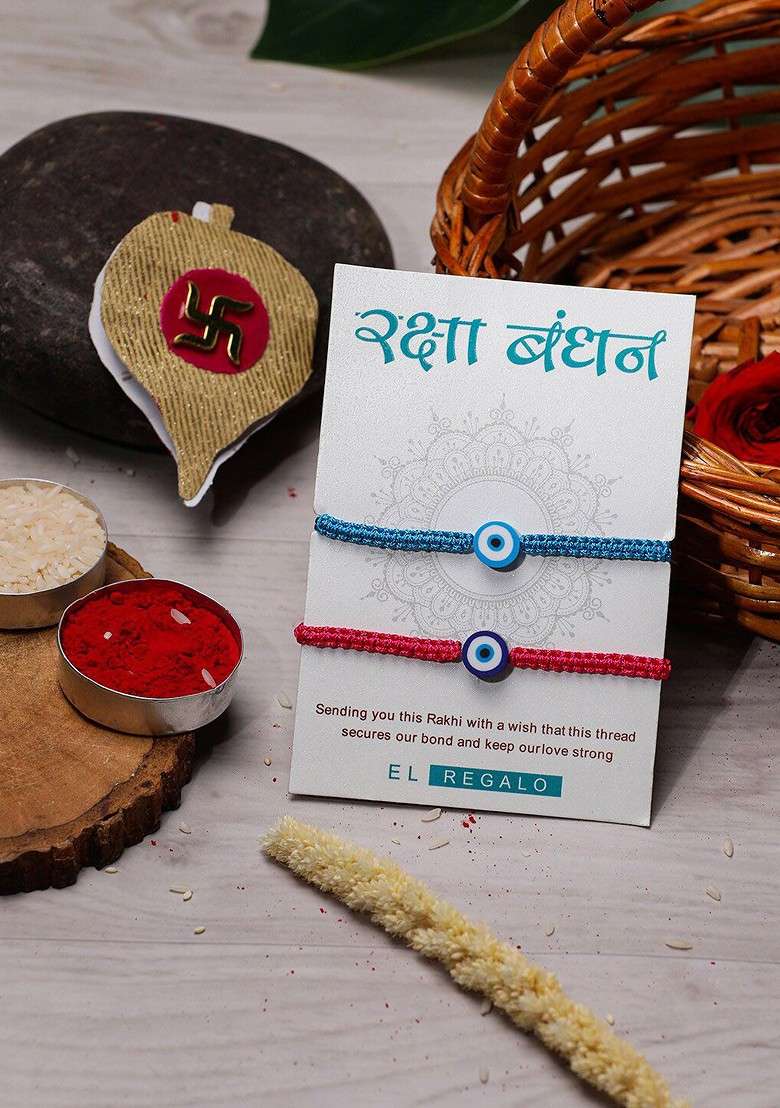 Bhaiya Bhabhi Set Of 2 Evil Eye Wraparound Rakhi With Roli And Chawal - Indya