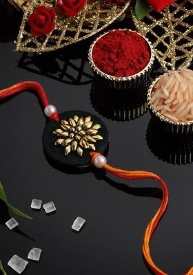 Gold Plated Circular Shaped Thread Rakhi With Roli Chawal