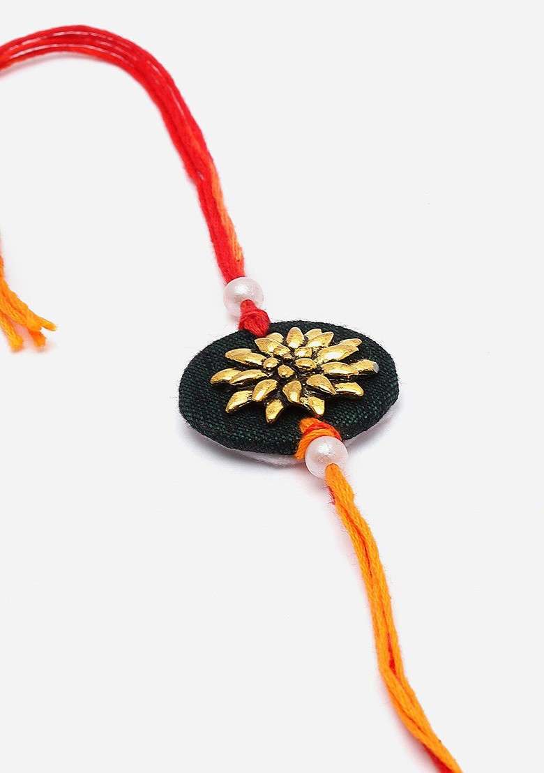 Gold Plated Circular Shaped Thread Rakhi With Roli Chawal - Indya