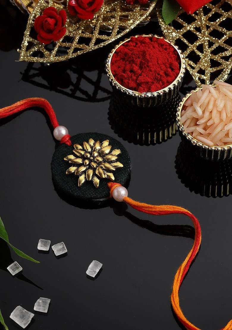 Gold Plated Circular Shaped Thread Rakhi With Roli Chawal - Indya