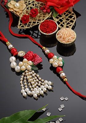 Set Of 2 Gold Plated Pearl Embellished Bhaiya Bhabhi Rakhi With Roli Chawal