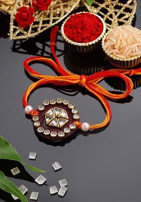 Men Gold Plated Stone Studded And Beaded Thread Rakhi With Roli Chawal