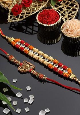 Men Set Of 2 Gold Plated Thread Rakhis With Roli Chawal