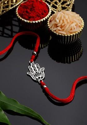 Men Silver Plated Beaded Thread Rakhi With Roli Chawal