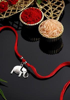 Men Silver Plated Elephant Shaped And Beaded Thread Rakhi Comes With Roli Chawal