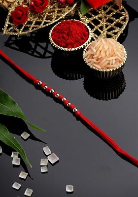 Men Silver Plated Beaded Thread Rakhi Comes With Roli Chawal