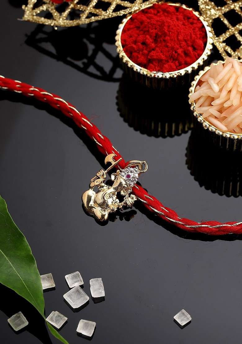 Men Gold Plated Stone Studded Thread Rakhi Comes With Roli Chawal - Indya