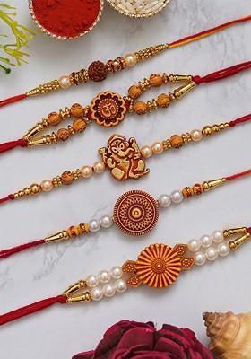 Unisex Set Of 5 Rudraksha Om Flower Ganesha Charm Rakhi