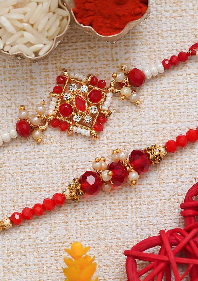 Unisex Set Of 2 Stone Studded And Beaded Rakhi With Roli And Chawal - Indya