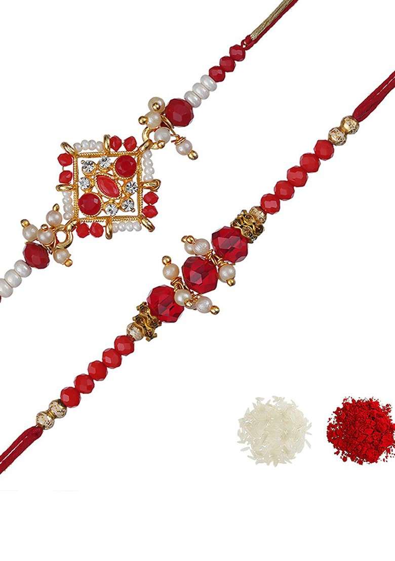 Unisex Set Of 2 Stone Studded And Beaded Rakhi With Roli And Chawal - Indya
