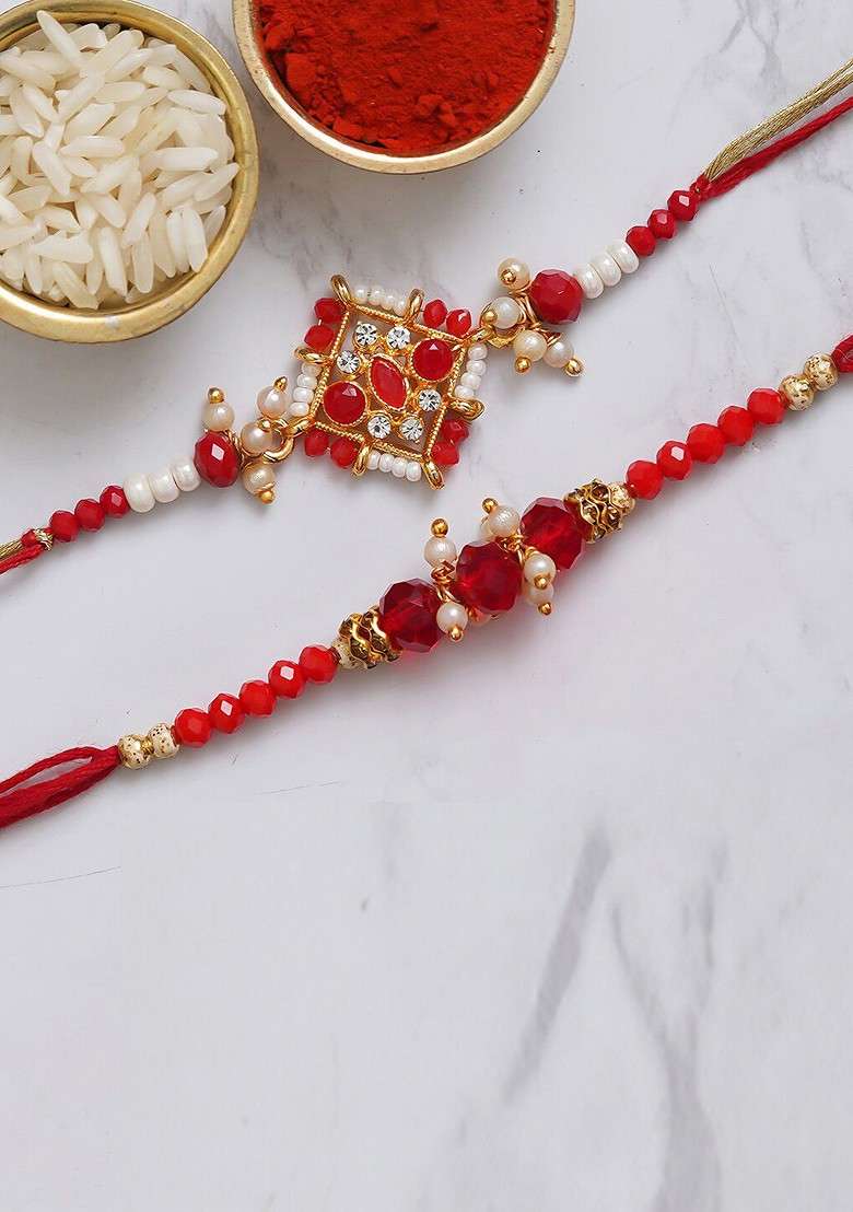 Unisex Set Of 2 Stone Studded And Beaded Rakhi With Roli And Chawal - Indya
