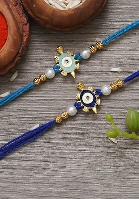 Unisex Set Of 2 Evil Eye Tortoise Charm Rakhi With Roli Chawal