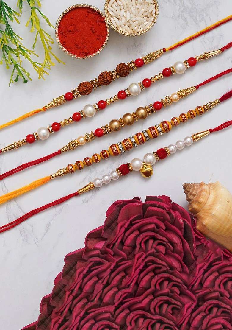 Unisex Set Of 5 Rudraksh Pearl Beaded Rakhi - Indya