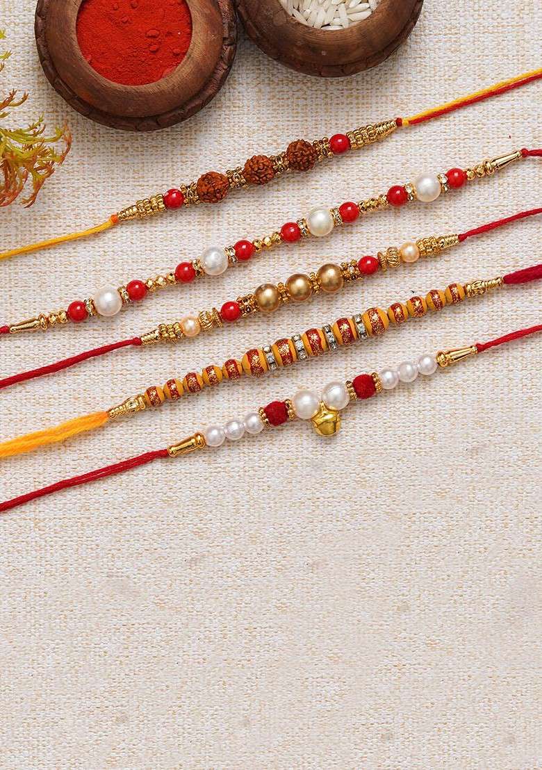 Unisex Set Of 5 Rudraksh Pearl Beaded Rakhi - Indya