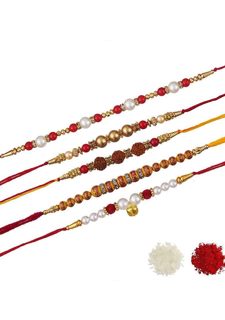 Unisex Set Of 5 Rudraksh Pearl Beaded Rakhi - Indya