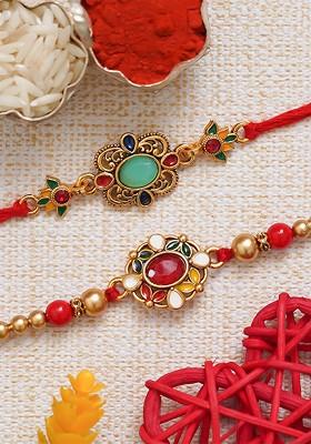 Unisex Set Of 2 Stone Studded And Beaded Rakhi