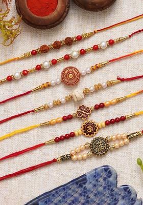 Set Of 7 Rudraksha Pearls Om Shri Religious Rakhis With Roli Chawal