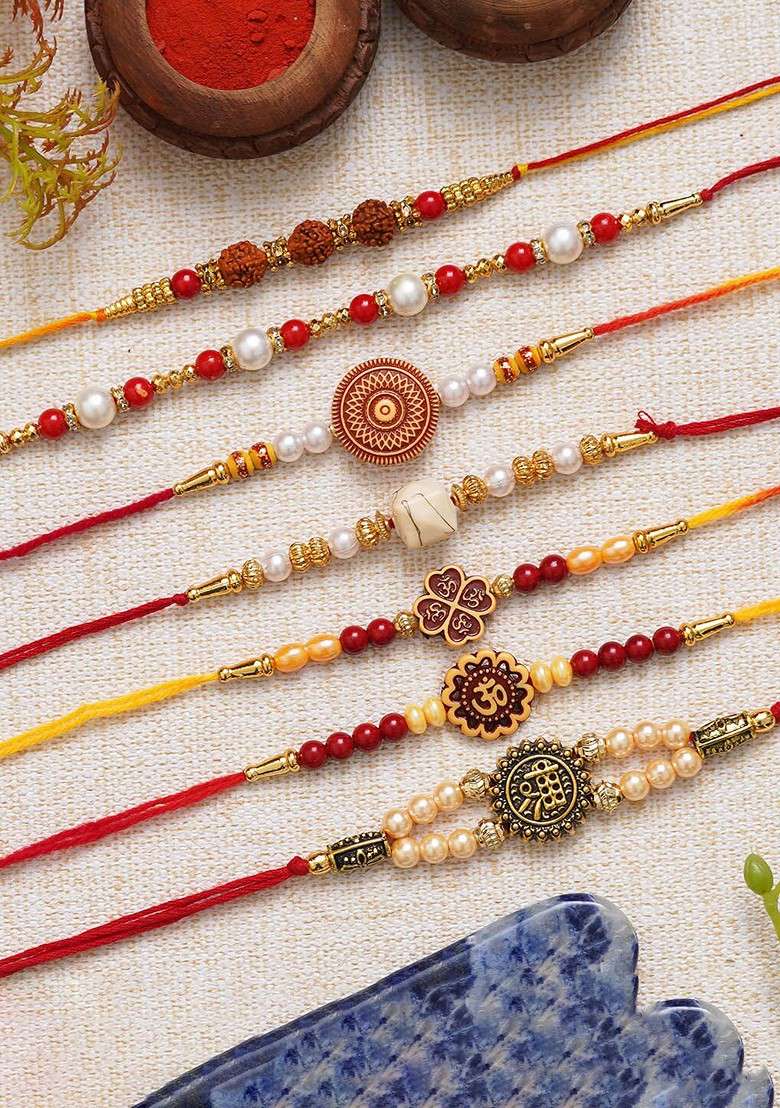 Set Of 7 Rudraksha Pearls Om Shri Religious Rakhis With Roli Chawal - Indya