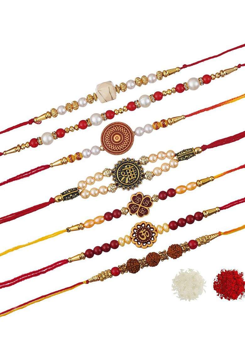 Set Of 7 Rudraksha Pearls Om Shri Religious Rakhis With Roli Chawal - Indya