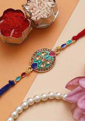 Beautiful Kundan Studded Designer Rakhi With Roli And Chawal