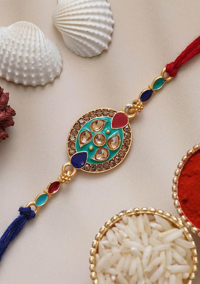 Beautiful Kundan Studded Designer Rakhi With Roli And Chawal - Indya