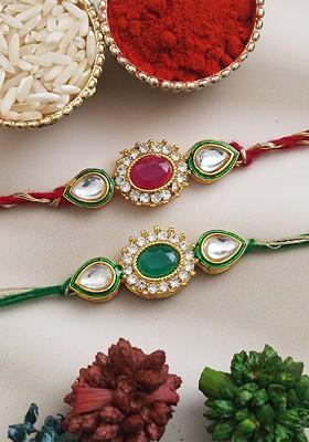Set Of 2 Stone Studded Rakhi With Roli Chawal