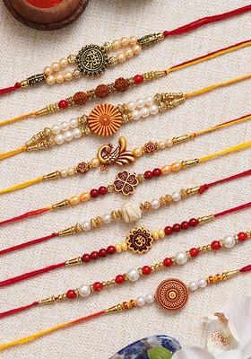 Set Of 9 Shri Rudraksha Flower Peacock Om And Beads Rakhis With Roli Chawal