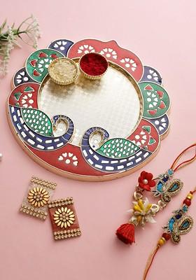 Unisex Rakhis With Peacock Shape Thali And Kumkum Chawal