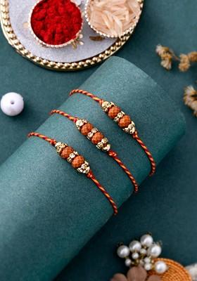 Unisex Set Of 3 Rudraksha And Beads Royal Rakhi With Roli Chwal And Card