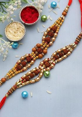 Men Set Of 2 Stone Studded Thread Rakhis With Roli Chawal And Gretting Card