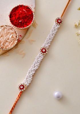 Men Stone Studded And Beaded Rakhi With Roli Chawal And Greeting Card
