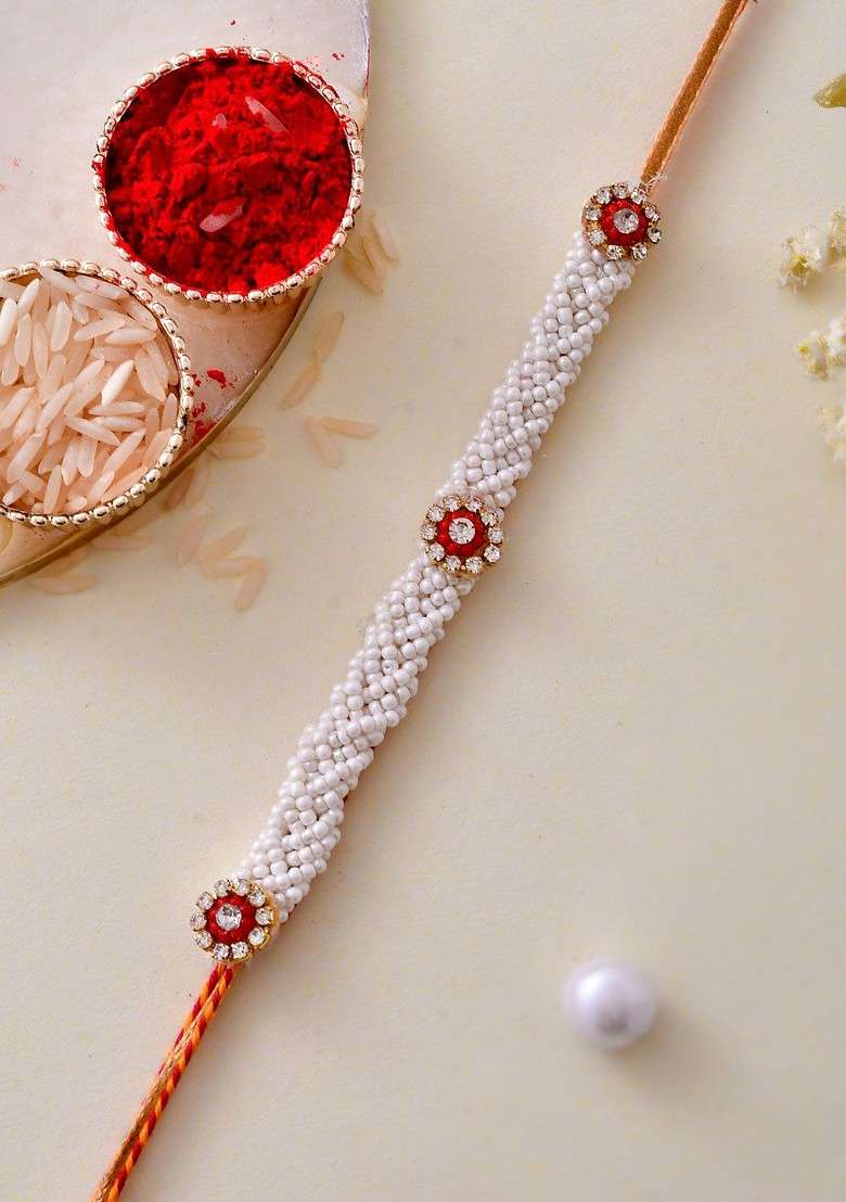 Men Stone Studded And Beaded Rakhi With Roli Chawal And Greeting Card - Indya