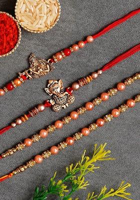Set Of 4 Radha Krishna Playing Flute Lord Ganesha Rakhis With Roli Chawal
